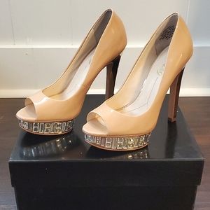 NIB Boutique 9 by Nine West Blush Nude Patent Leather Jeweled Platform Heels 6.5